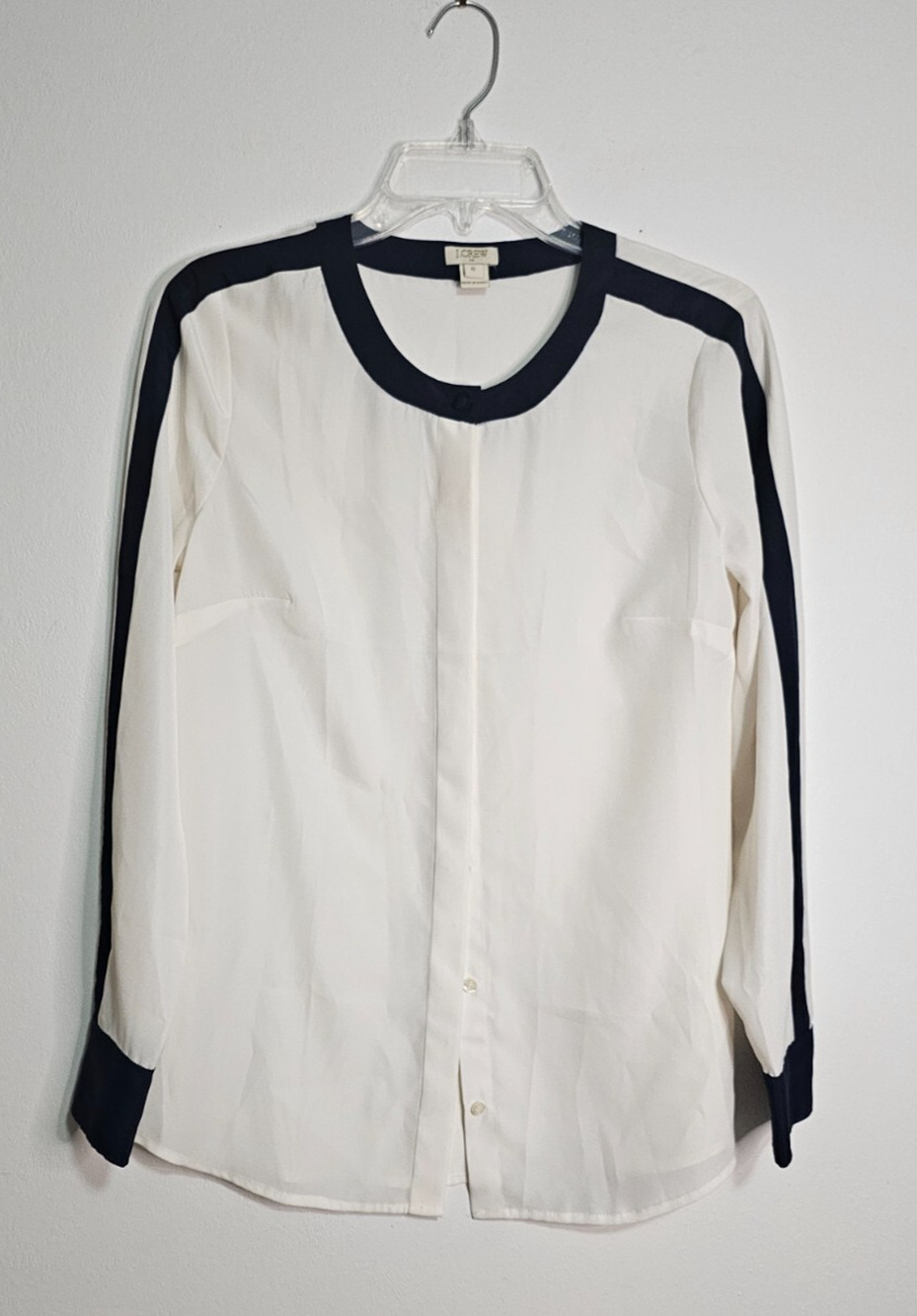 J Crew Blouse Womens Sz 0 Semi Sheer White Blouse w/ Navy Trim Career Classic